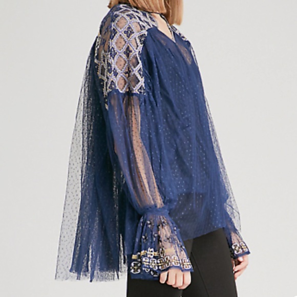 Free People Joyride Knit Sheer Lace Navy Blue Embroidered Top - Picture 2 of 14